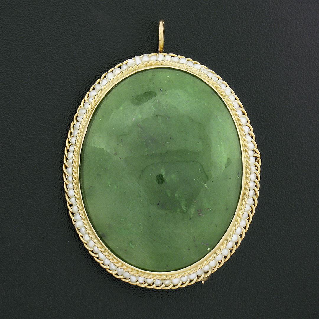 Vintage 14k Gold Oval Cabochon Jade Seed Pearl Twisted Wire Frame Brooch Pendant