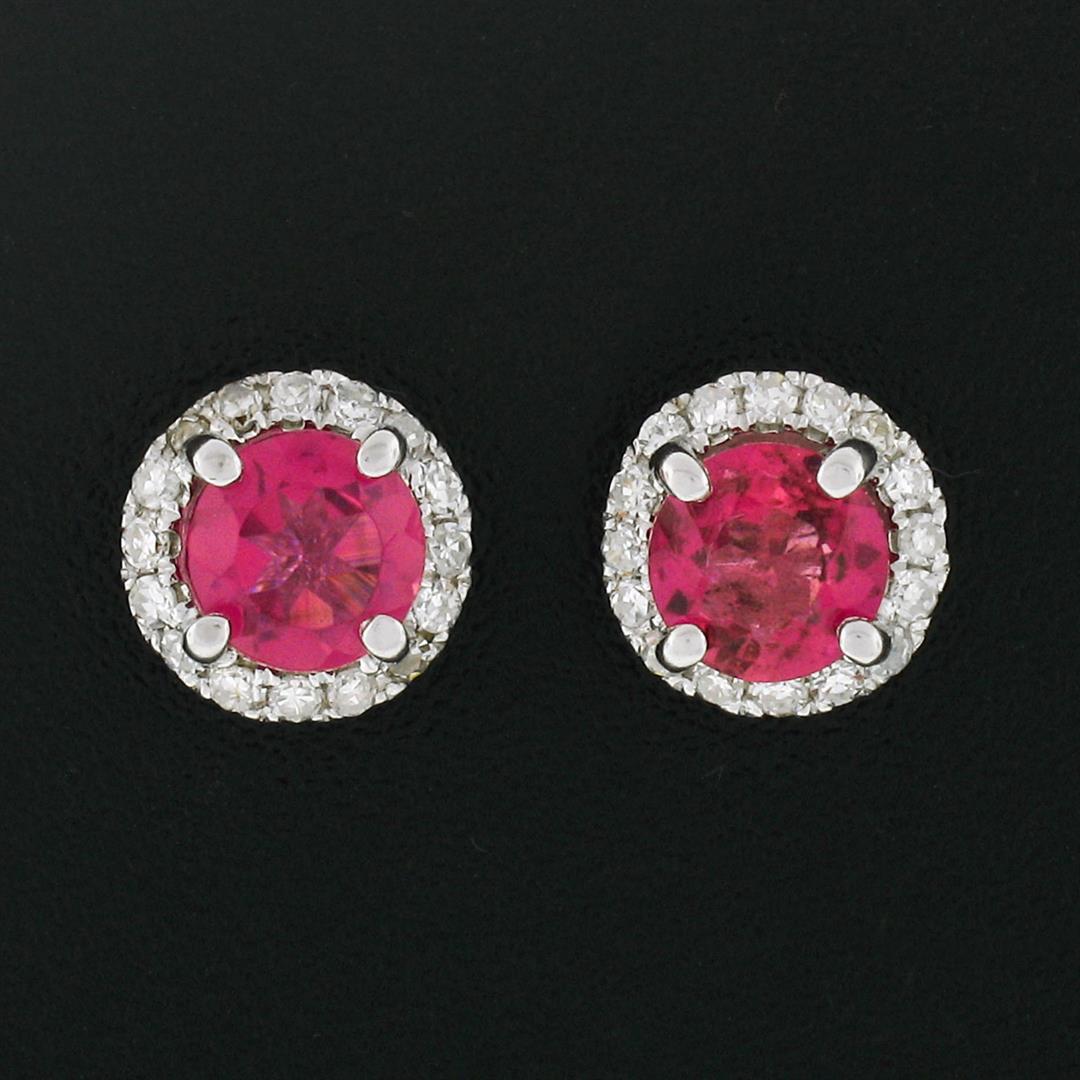14k White Gold 1.35 ctw Round Prong Pink Tourmaline & Diamond Halo Stud Earrings