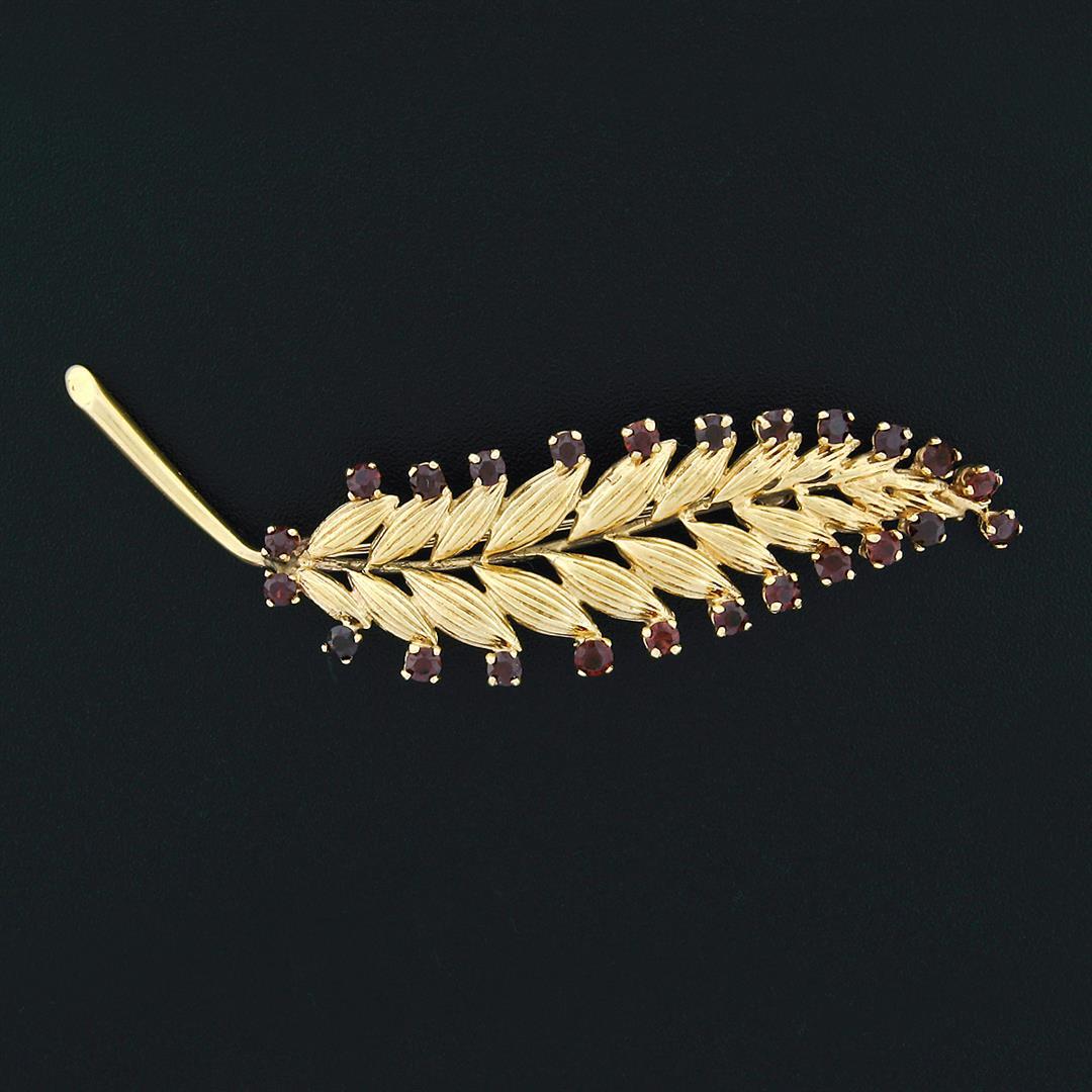 Vintage 14K Yellow Gold Long Textured 1.68 ctw Red Garnet Feather Leaf Brooch Pi