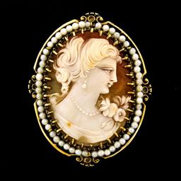 Large Vintage 14k Yellow Gold Carved Shell Cameo Pearl Frame Halo Brooch Pendant