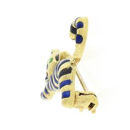 Vintage Italian 18k Gold Multi Color Enamel Blue Stripe Cat or Tiger Pin Brooch