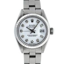 Rolex Ladies Stainless Steel White Diamond Bezel Wristwatch With Oyster Band