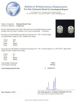 14KT White Gold 0.98 ctw Diamond Solitaire Earrings
