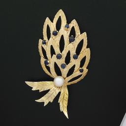 Vintage Large 14K Gold 1.3 ctw Sapphire Pearl Open Textured Flower Leaf Brooch P