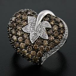 10k White Gold 3.10 ctw Brown and White Diamond Leaf Heart Cluster Ring