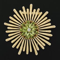 Vintage Retro 14K Gold Peridot & Diamond Cluster Radiating Spray Flower Brooch