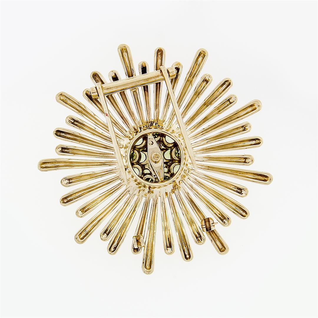Vintage Retro 14K Gold Peridot & Diamond Cluster Radiating Spray Flower Brooch