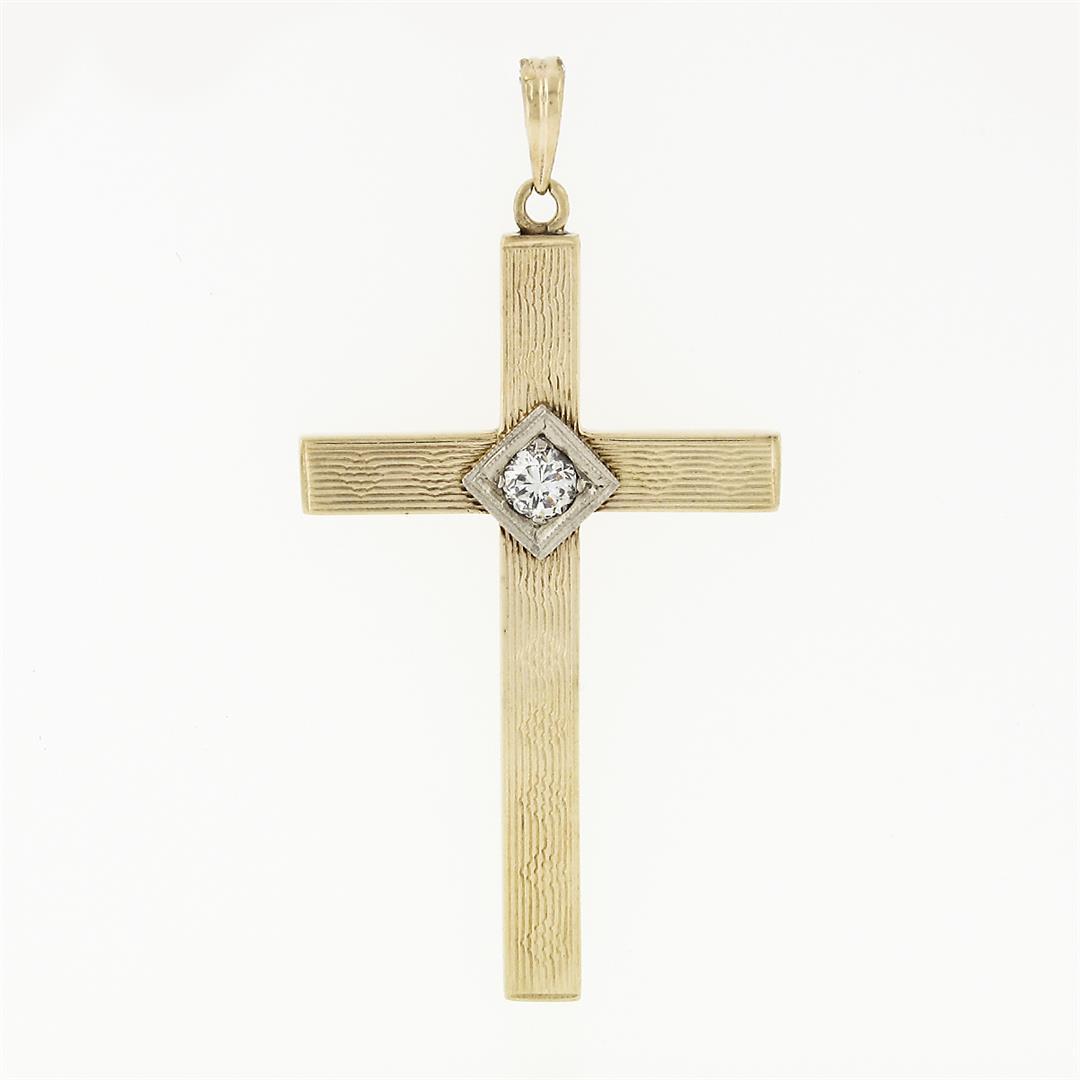 Antique Art Nouveau 14k TT Gold 0.16 ctw Diamond Grooved Textured Cross Pendant