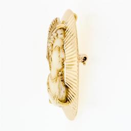 Vintage Retro 14K Rosy Yellow Gold Carved White Shell Fluted Pin Brooch Pendant