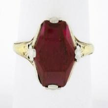 Antique Edwardian 14K TT Gold Faceted Roll Top Red Stone Solitaire Engraved Ring