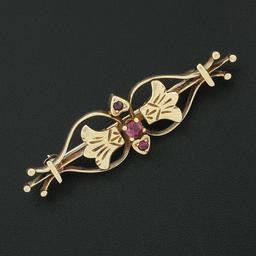 Vintage 14K Yellow Gold Round Blood Red Ruby Foliage Hand Etched Bar Pin Brooch
