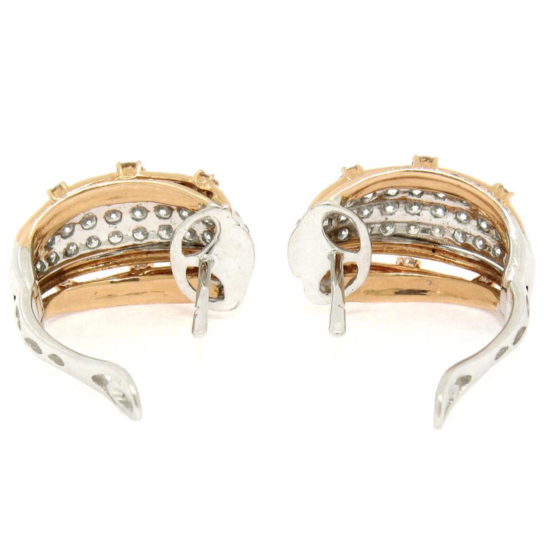 18k Rose & White Gold 2.62 ctw Pave Set FINE Diamond Omega Domed Cuff Earrings