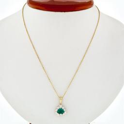 14k Yellow Gold Trillion Green Emerald Solitaire & Diamond Halo Pendant Necklace