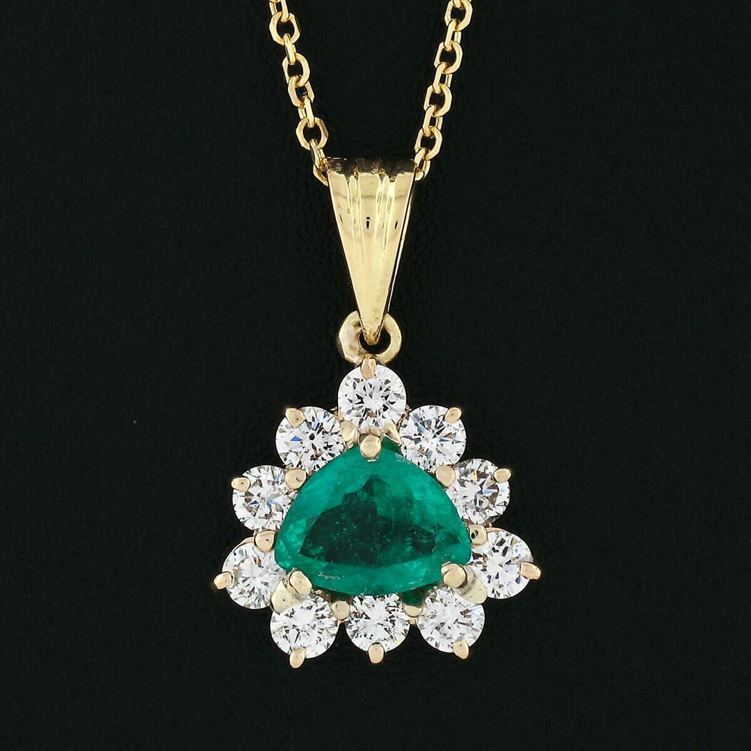 14k Yellow Gold Trillion Green Emerald Solitaire & Diamond Halo Pendant Necklace