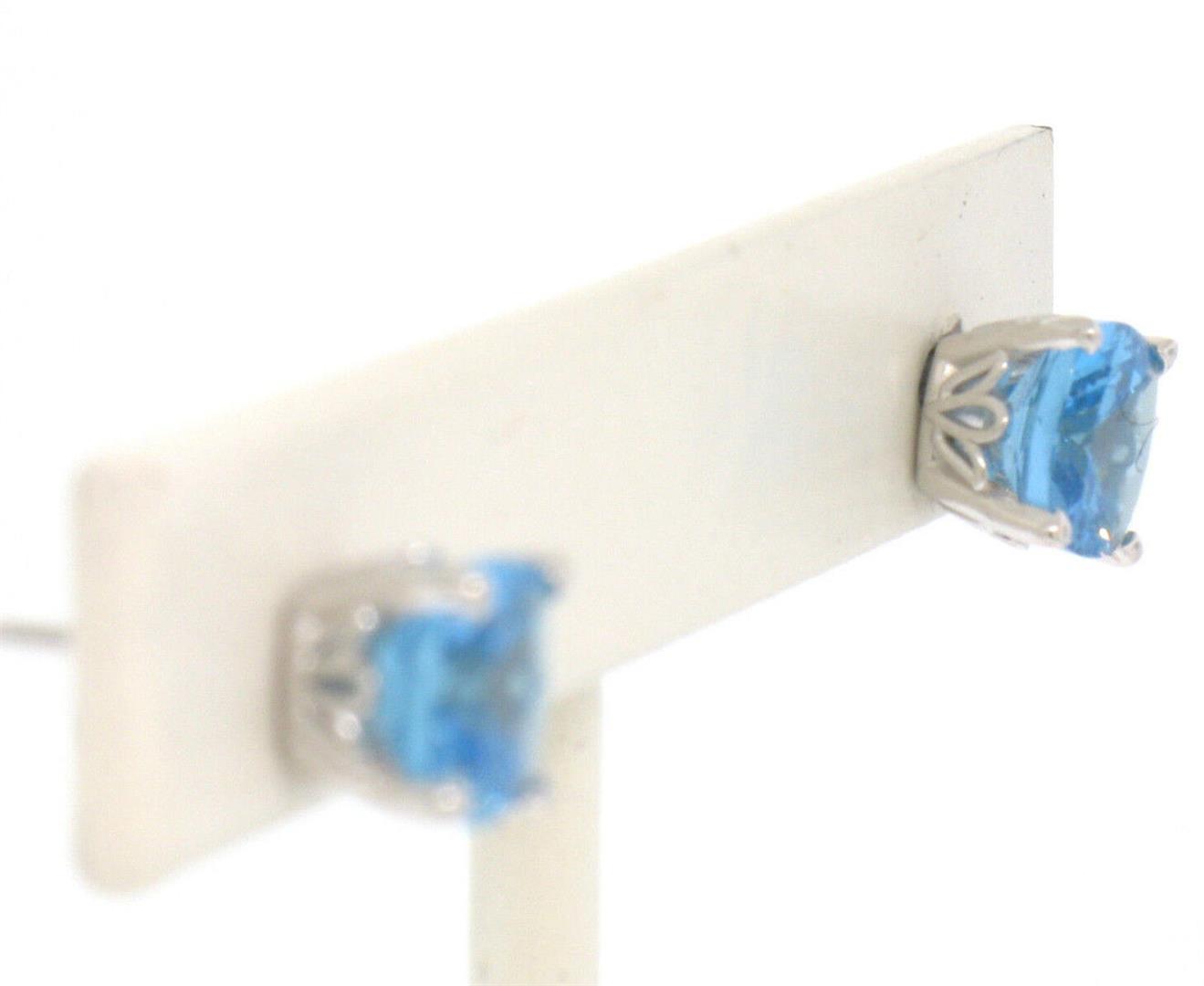 NEW 14k White Gold Cushion Cut Natural Swiss Blue Topaz Solitaire Stud Earrings