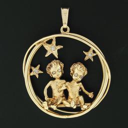 Vintage 14K Gold 0.18 ctw Diamond Angel Gemini Zodiac Sign Large 3D Charm Pendan