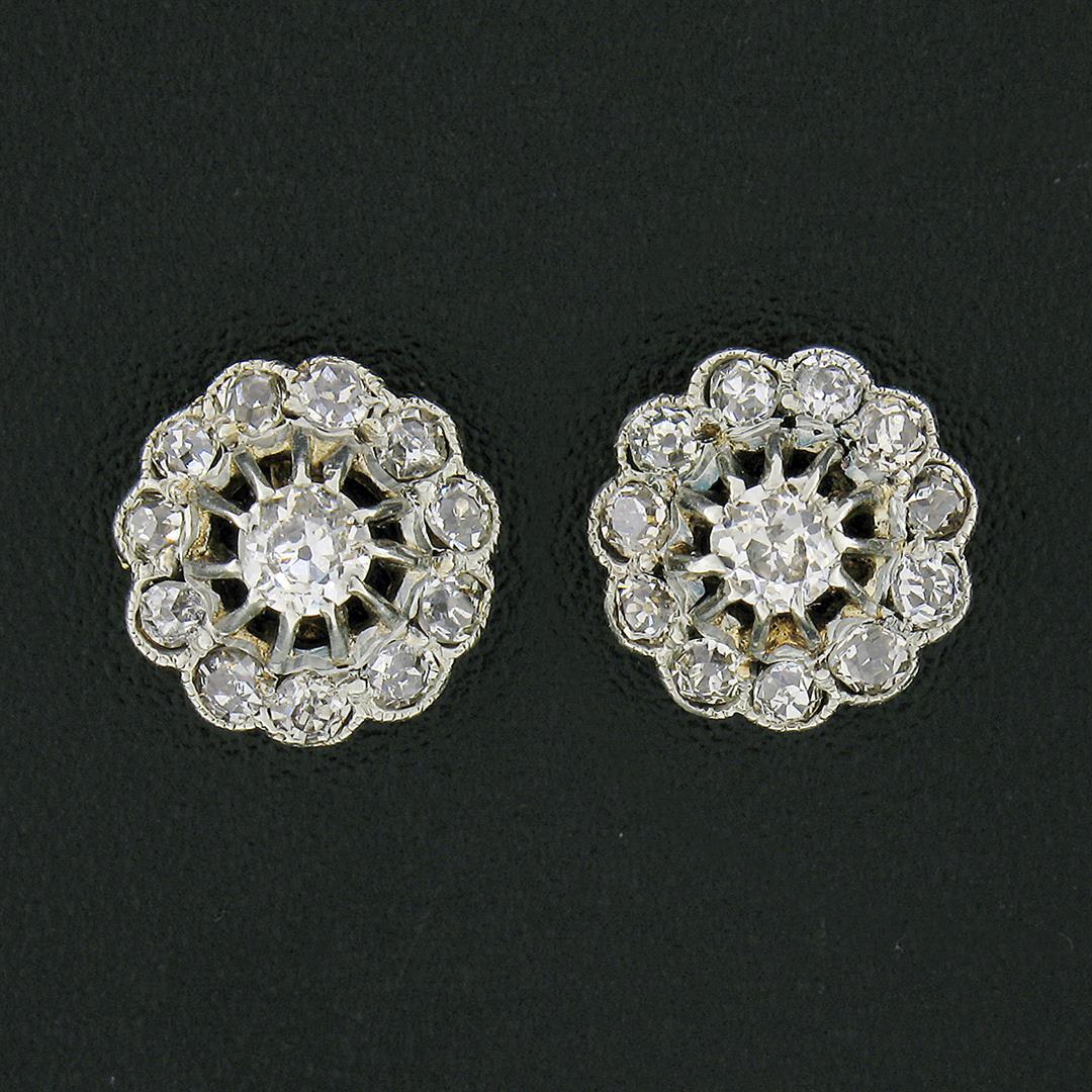 Antique Victorian 14k TT Gold 0.55 ctw Old Diamond Flower Cluster Stud Earrings