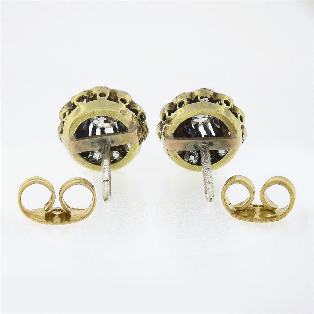 Antique Victorian 14k TT Gold 0.55 ctw Old Diamond Flower Cluster Stud Earrings