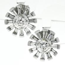 New Unique 18k White Gold 1.02 ctw Round & Baguette Snowflake Post Stud Earrings