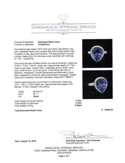 GIA Cert 7.70 ctw Tanzanite and Diamond Ring - 14KT White Gold