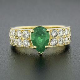 18k Yellow Gold 3.06 ctw Pear Prong Emerald Solitaire Pave Diamond Engagement Ri