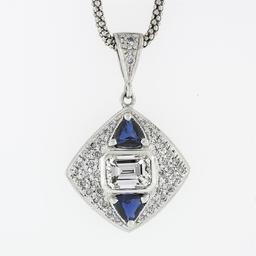 14k White Gold GIA Emerald Cut Diamond & Trillion Sapphire 19" Pendant Necklace