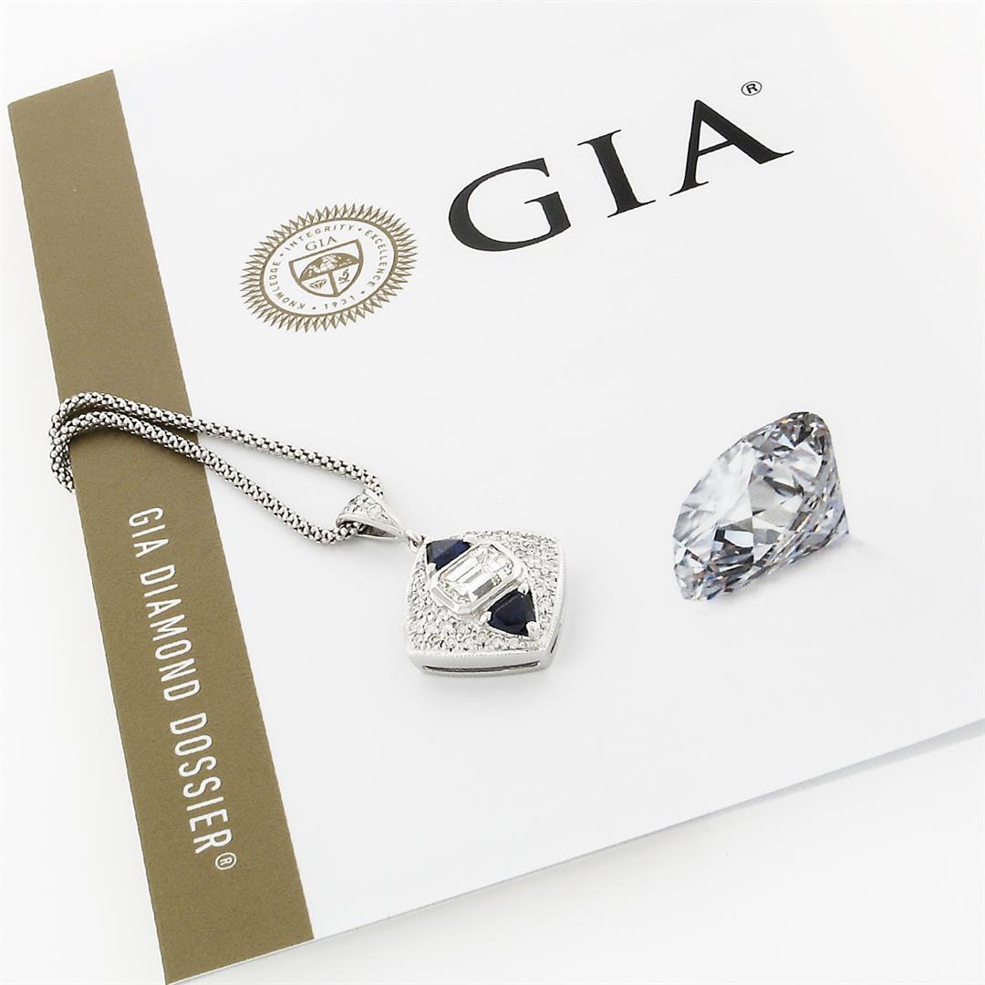 14k White Gold GIA Emerald Cut Diamond & Trillion Sapphire 19" Pendant Necklace