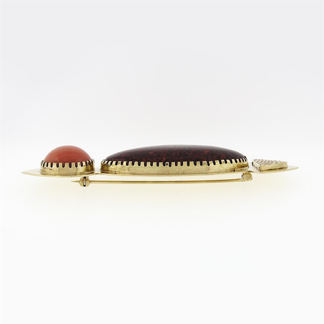 Vintage 18k Gold Multi Prong Agate & Cabochon Coral Modernist Large Brooch Pin