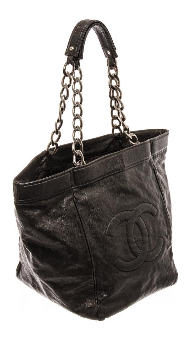 Chanel Black Caviar Leather CC Chain Tote Bag