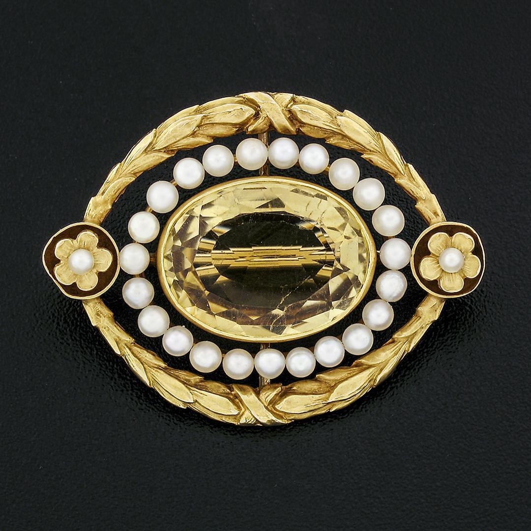 Antique Art Nouveau Handmade 14k Gold GIA Citrine & Seed Pearl Etched Pin Brooch