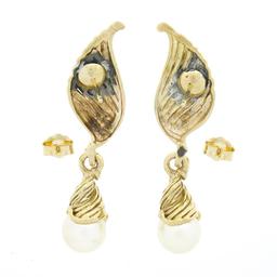 14K Yellow Gold Grooved Textured Wing Feather White Pearl Drop Dangle Earrings