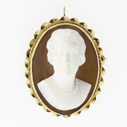 Vintage 14k Gold Concave Carved Shell Cameo Twist Wavy Frame Pendant Brooch Pin