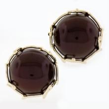 Vintage 14k Gold Large Domed Cabochon Carnelian Button Earrings & Detailed Frame