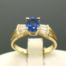 14k Yellow Gold ROYAL BLUE Sapphire Solitaire Ring Fine Baguette Diamond Accents