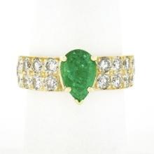 18k Yellow Gold 3.06 ctw Pear Prong Emerald Solitaire Pave Diamond Engagement Ri