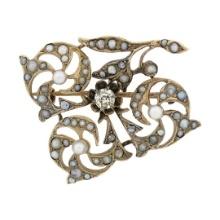 Antique Victorian 14k Gold 0.16 ctw Diamond & Seed Pearl Open Flower Brooch Pin