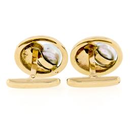 Large Vintage 14K Yellow Gold Round Gray Pearl Open Textured Swirl Cuff Links