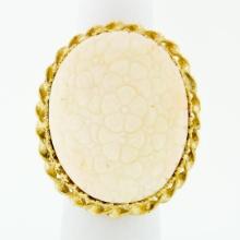 Vintage 14k Gold LARGE Hand Carved Flower Motif Oval Pink Angel Skin Coral Ring