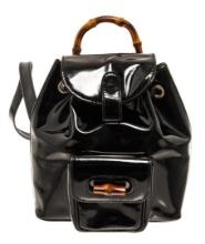 Gucci Black Patent Leather Bamboo Backpack