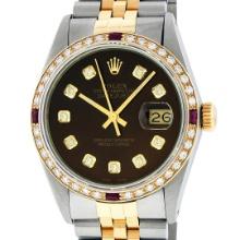 Rolex Mens Two Tone Brown Diamond And Ruby 36MM Datejust Wristwatch