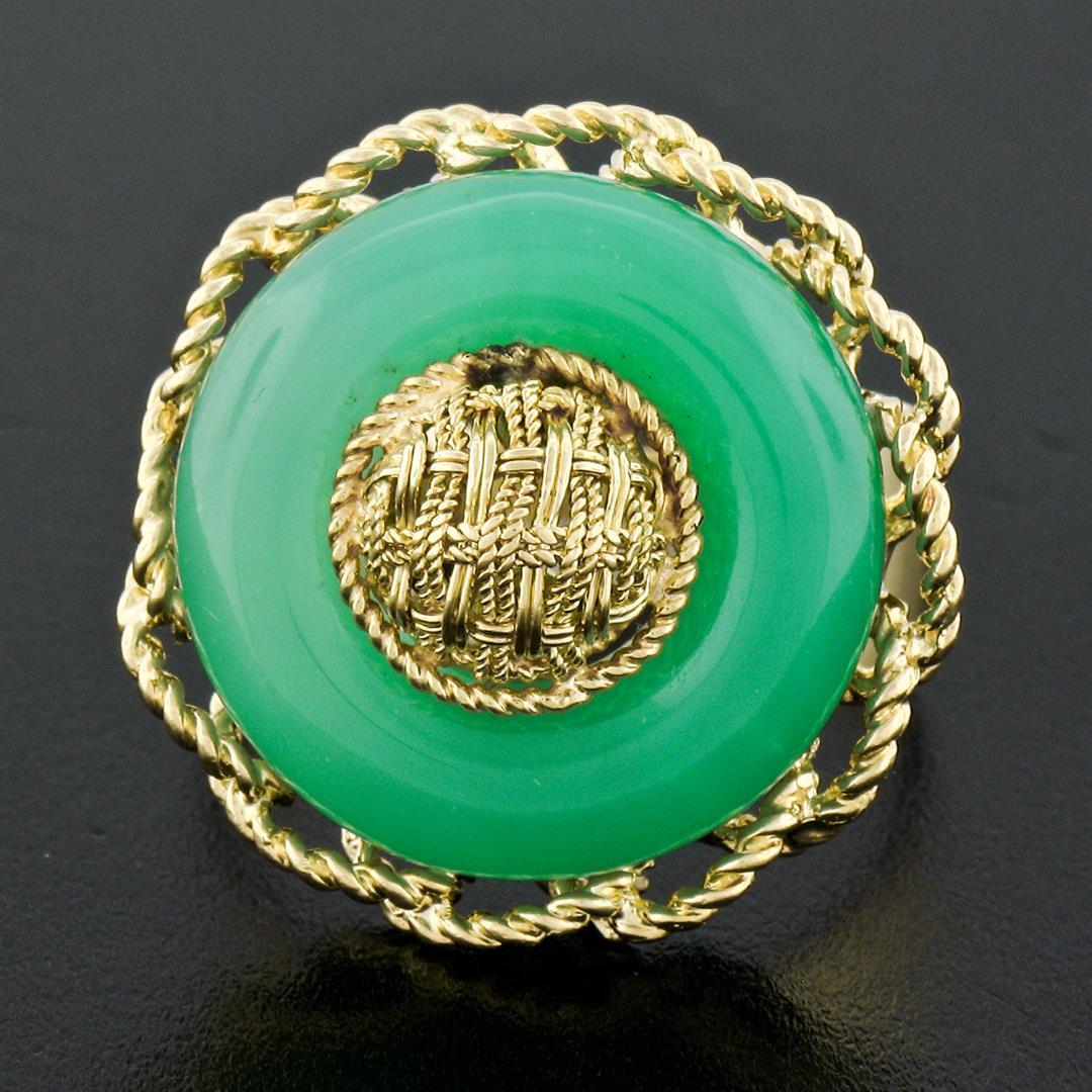 Vintage 18K Gold Braided Twisted Wire Frame Circle Platter Cocktail Jade Ring