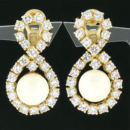 Vintage 18K Gold 9.5 ctw Prong Round Diamond Pearl Infinity Figure 8 Drop Earrin