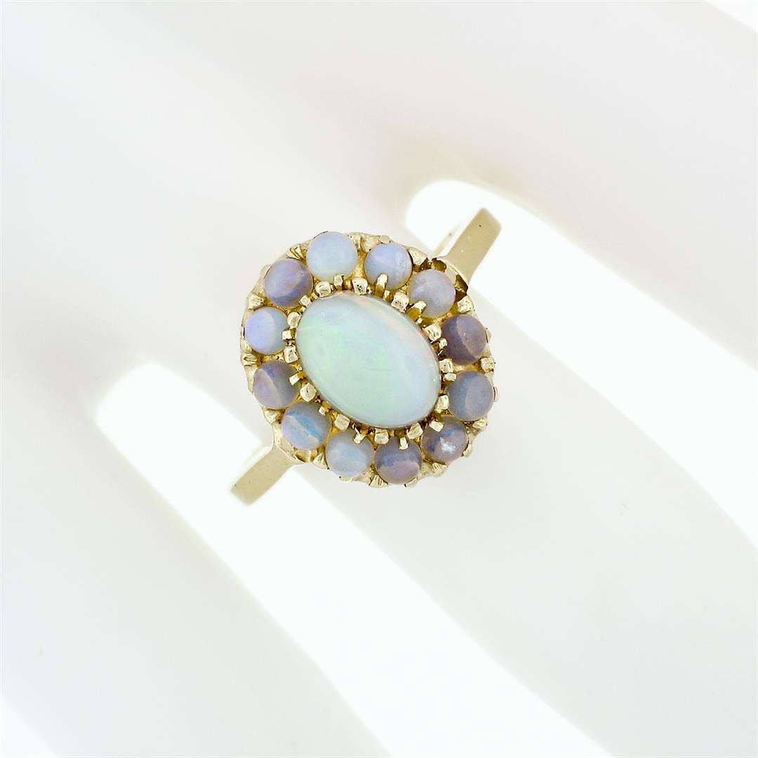 Vintage 14K Gold FINE Oval Cabochon Solitaire & Bead Ball Halo Opal Cluster Ring