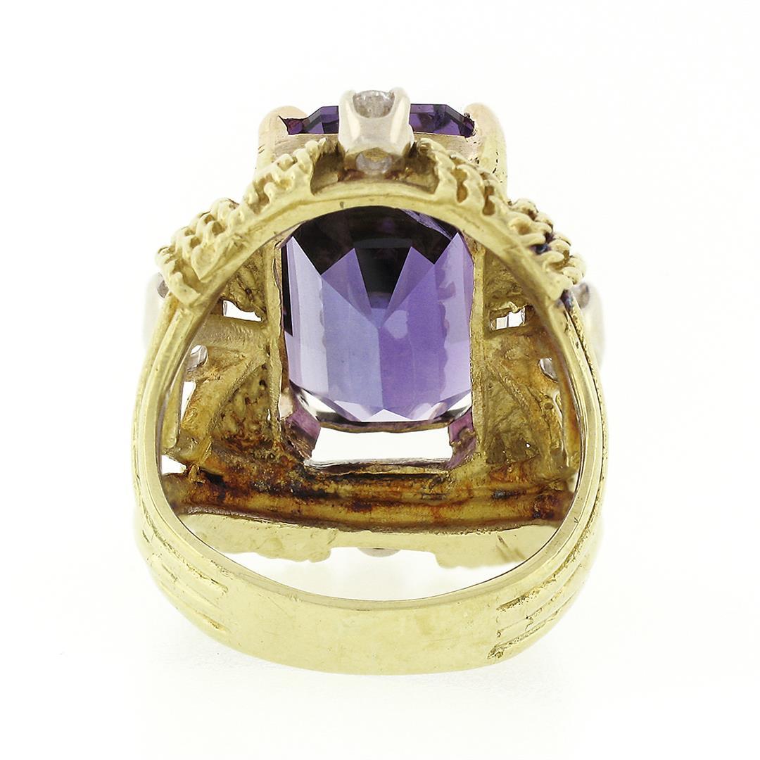 Large Vintage 18K Gold Amethyst & Diamond Twisted Wire Open Work Cocktail Ring