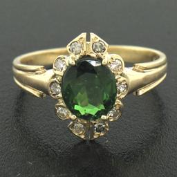 Vintage 14k Yellow Gold 1.15 ctw Green Tourmaline Solitaire & Diamond Halo Ring