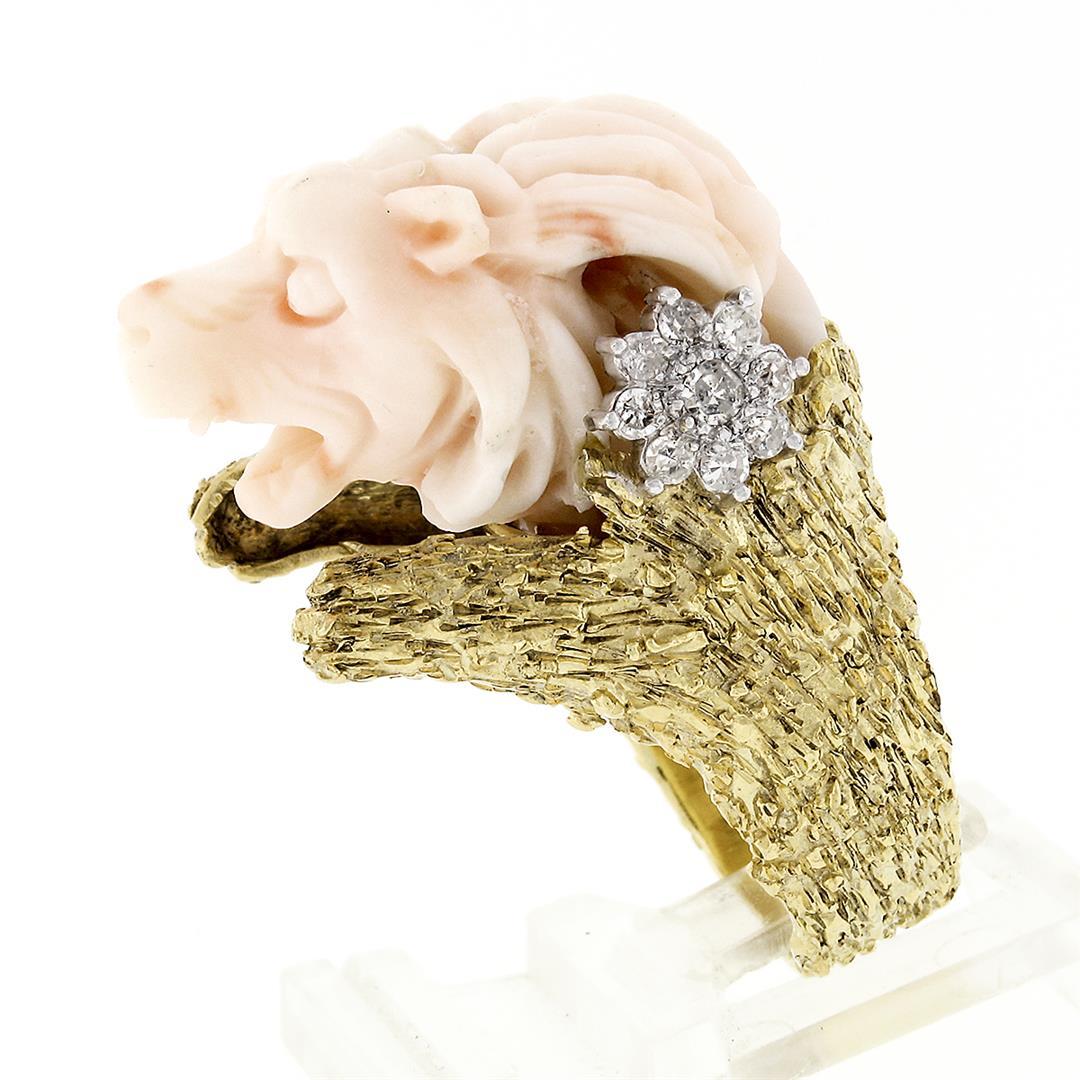 Vintage 14k Gold LARGE Hand Carved Lion's Head Soft Pink Angel Skin Coral Ring