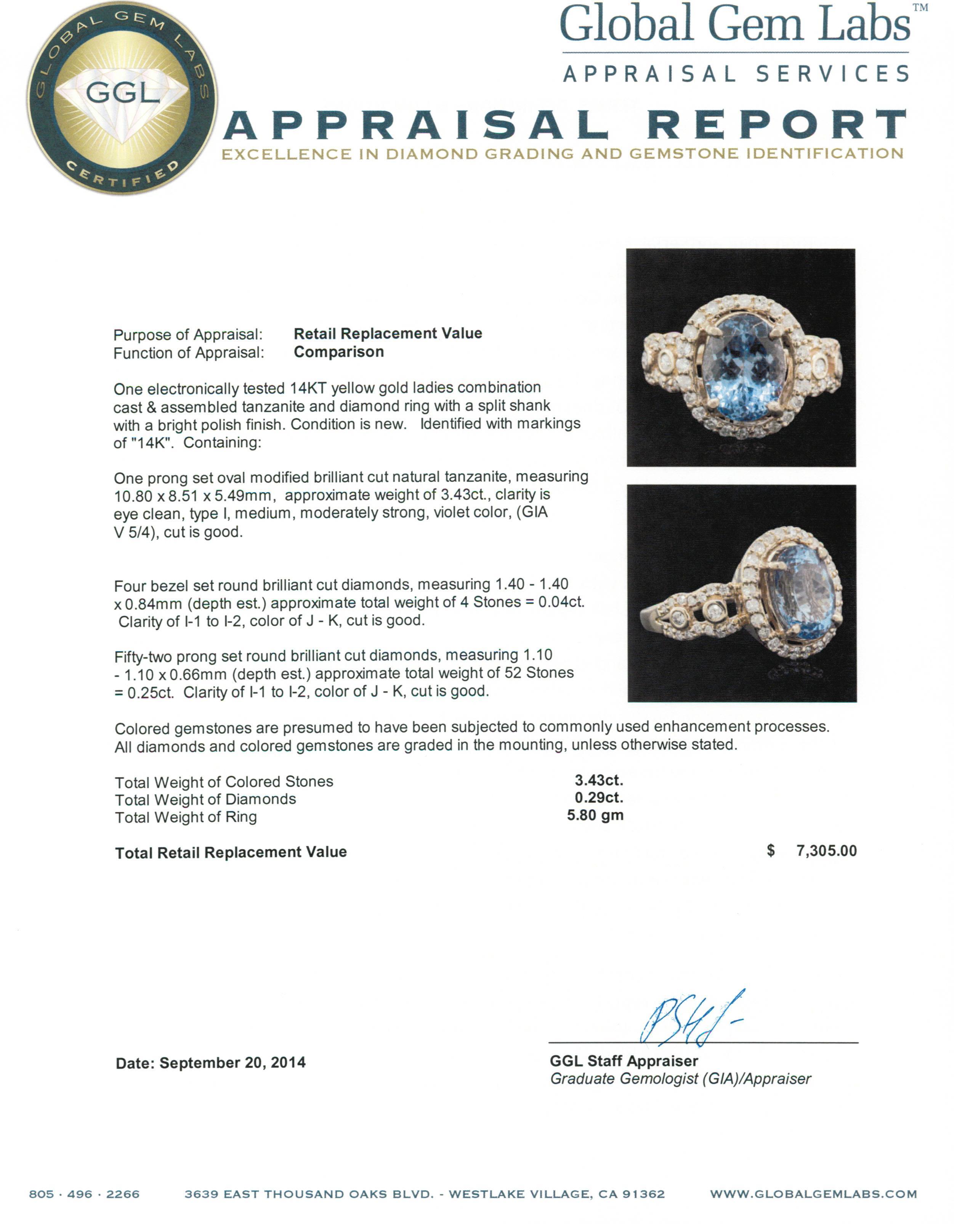 14KT Yellow Gold 3.43 ctw Tanzanite and Diamond Ring