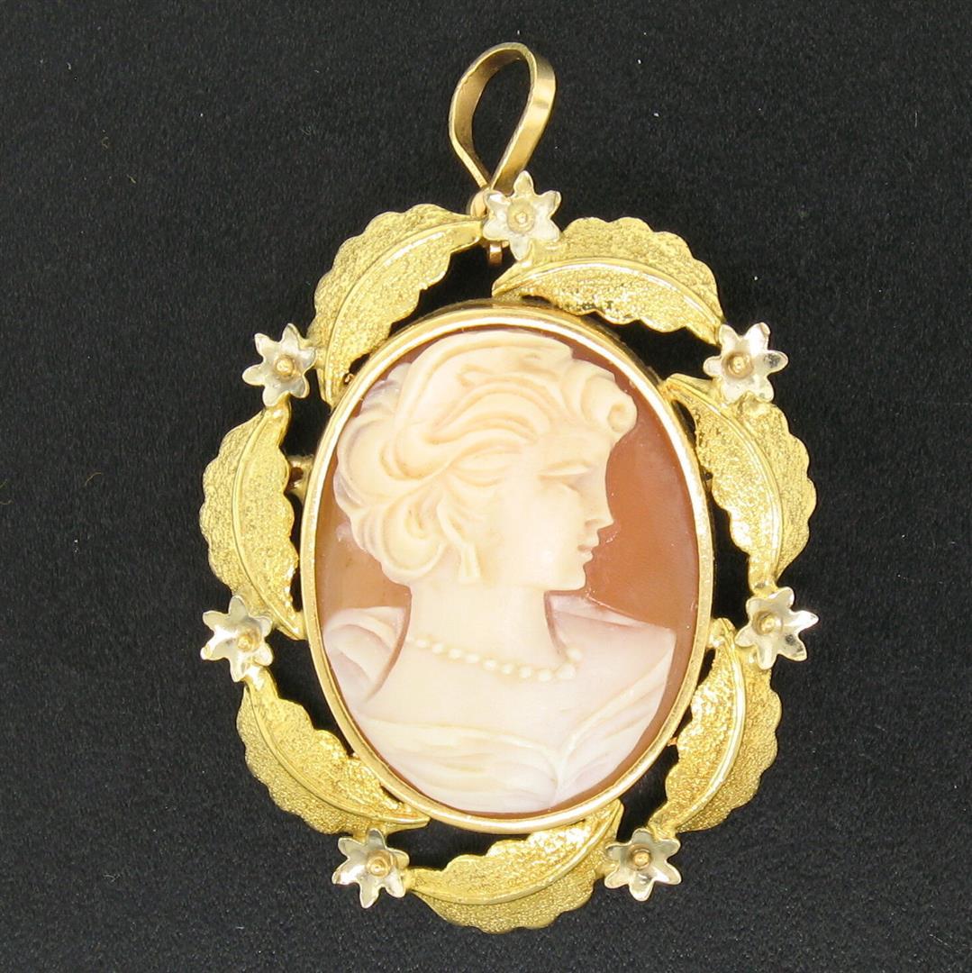 Vintage 18k Two Tone Gold Carved Shell Cameo Open Work Frame Brooch Pin Pendant