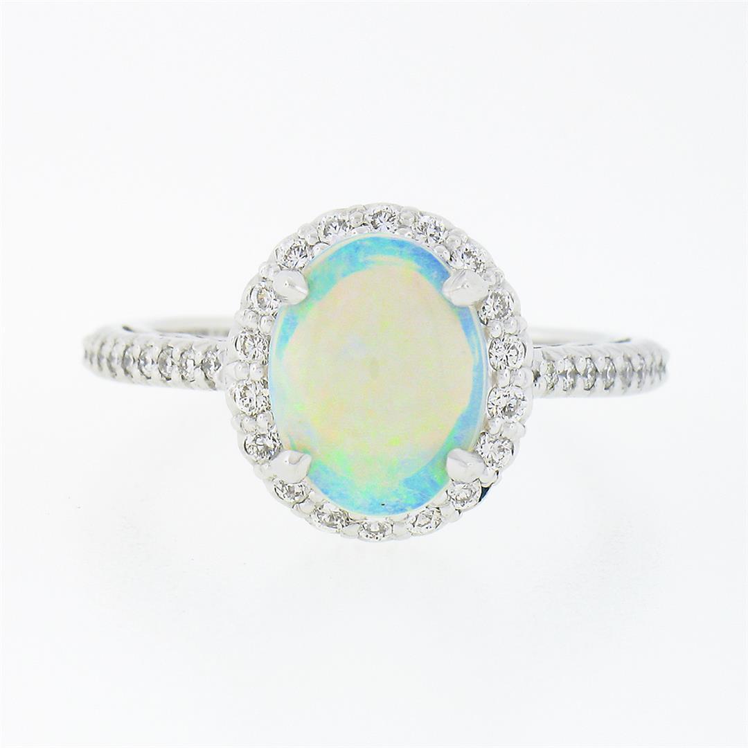 NEW 14K White Gold Oval Cabochon Opal Solitaire Round Diamond Halo Cluster Ring