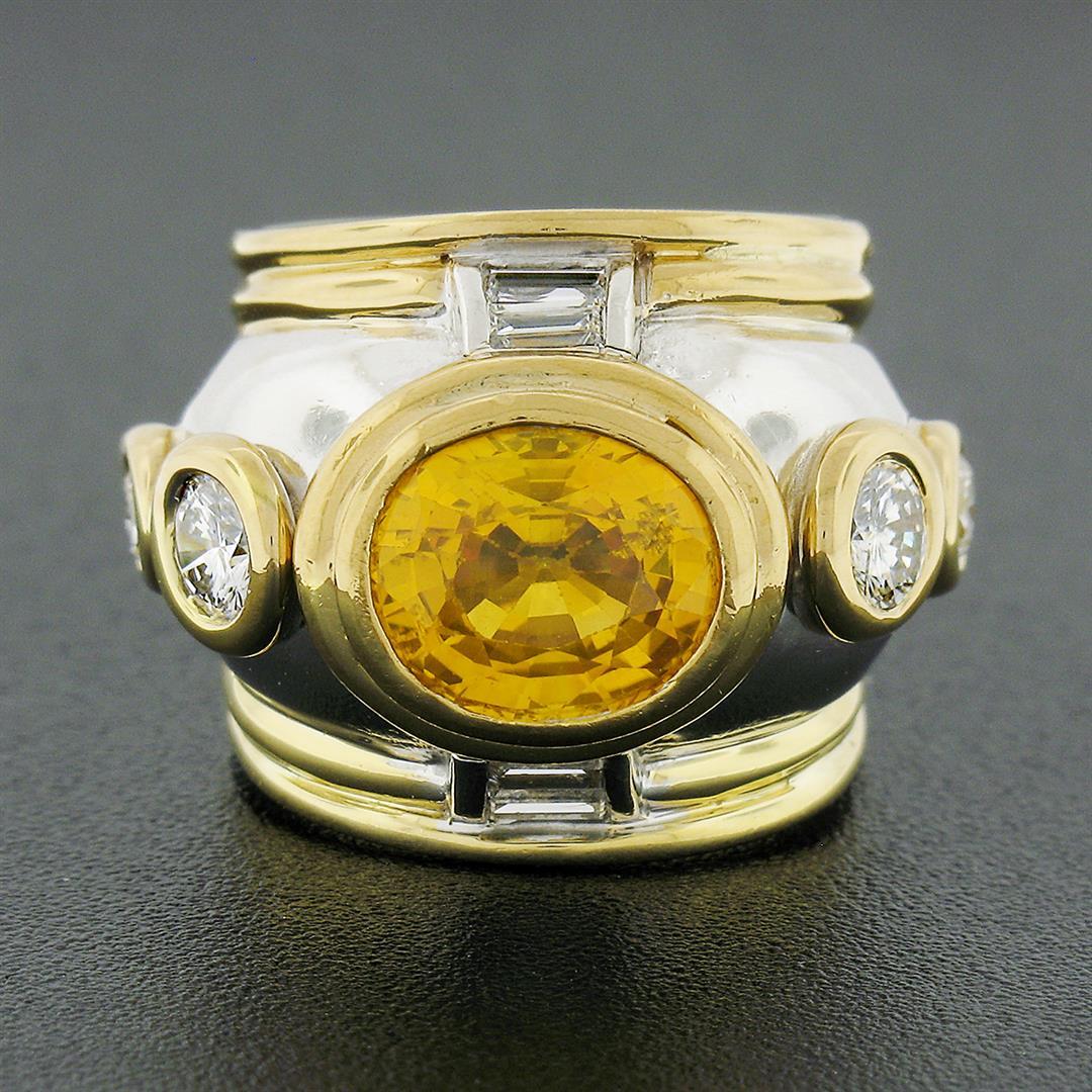 Vintage 18K TT Gold GIA Orange Yellow Bezel Sapphire & Diamond Unique Domed Ring